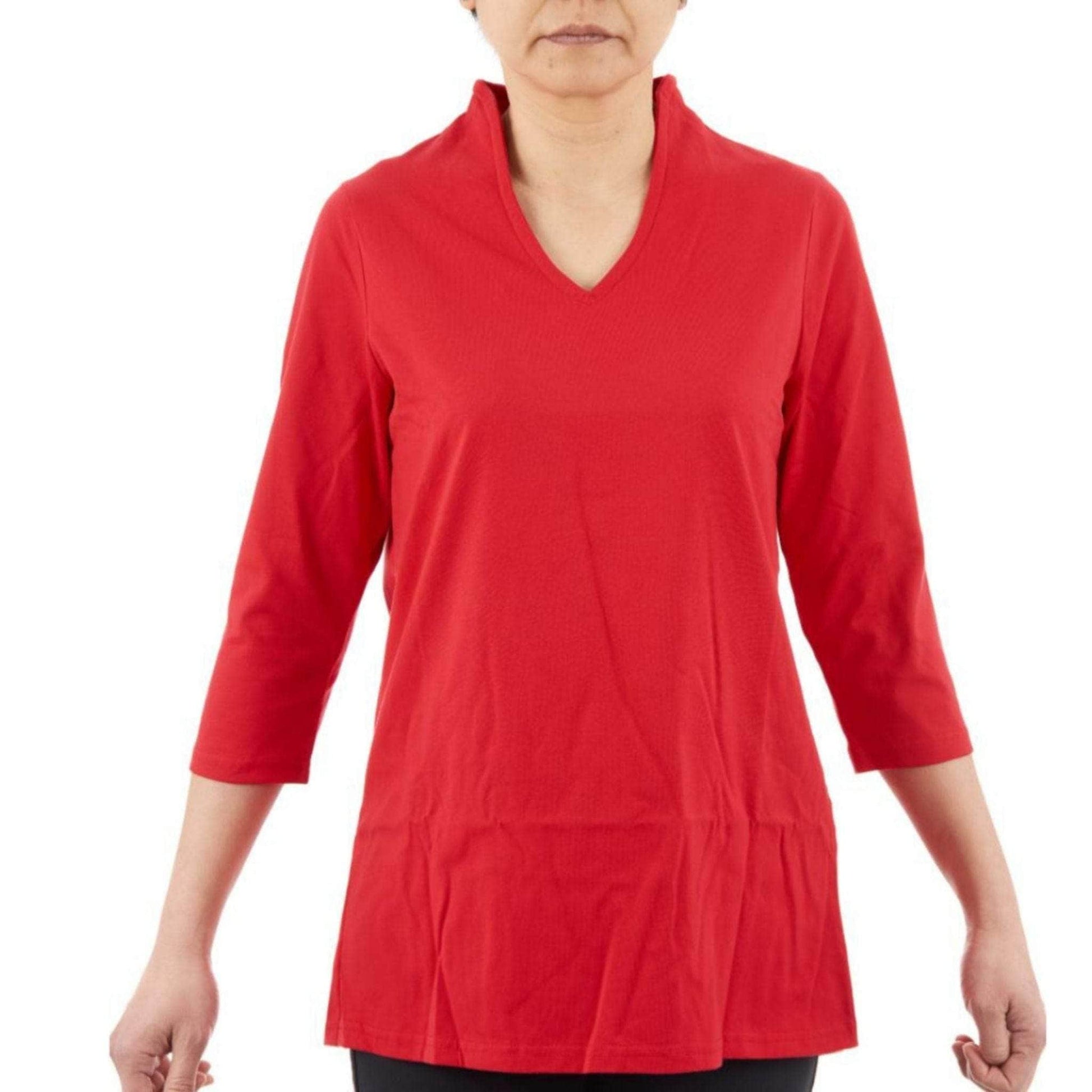 CC Women's Elizabeth 3/4 Sleeve V-Neck Top - Red - Caring Clothing