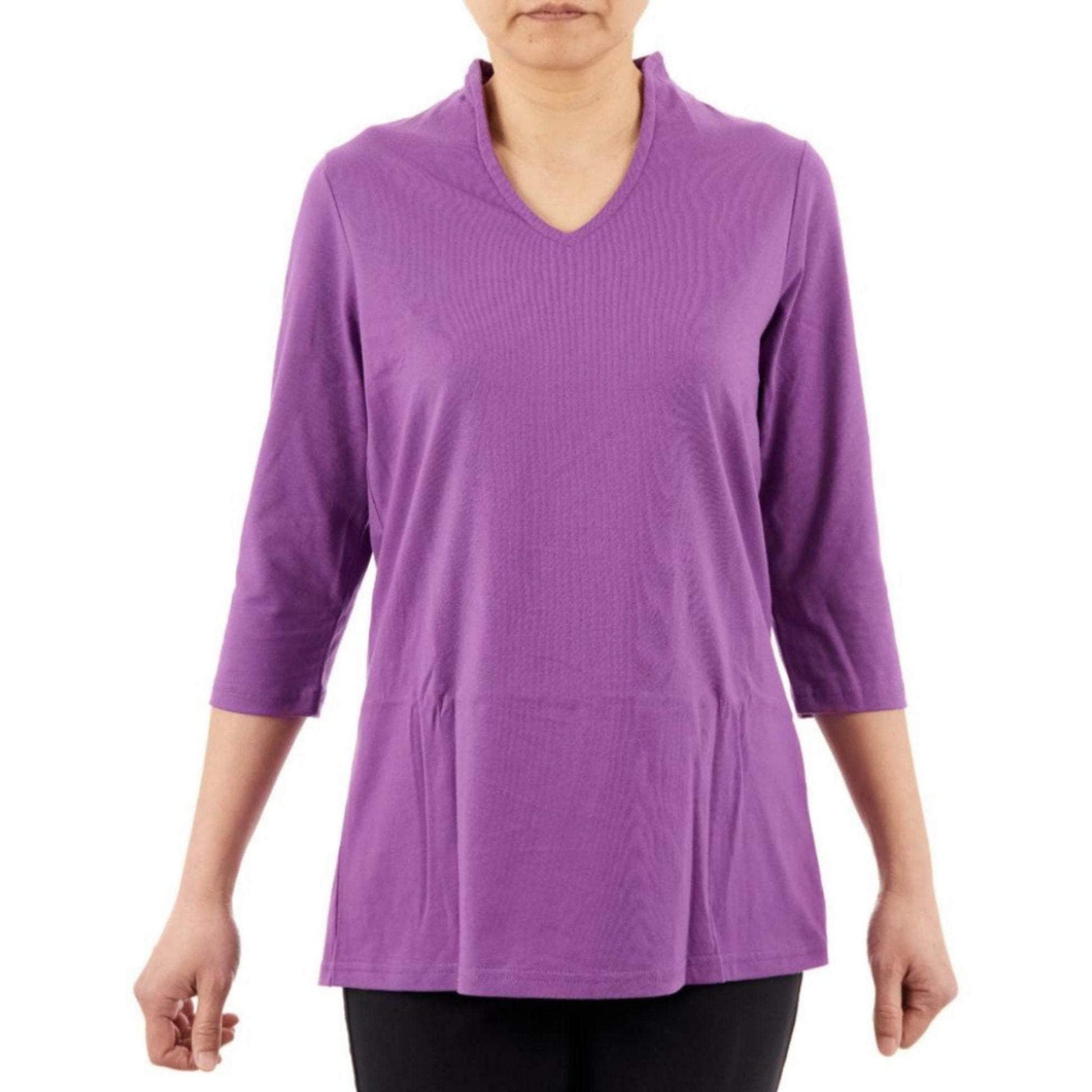 CC Women's Elizabeth 3/4 Sleeve V-Neck Top - Purple - Caring Clothing
