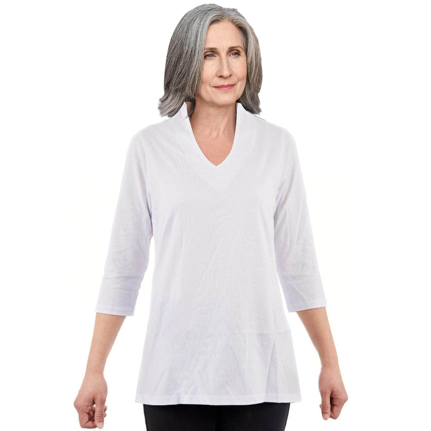 CC Women's Elizabeth 3/4 Sleeve V-Neck Top - White - Caring Clothing