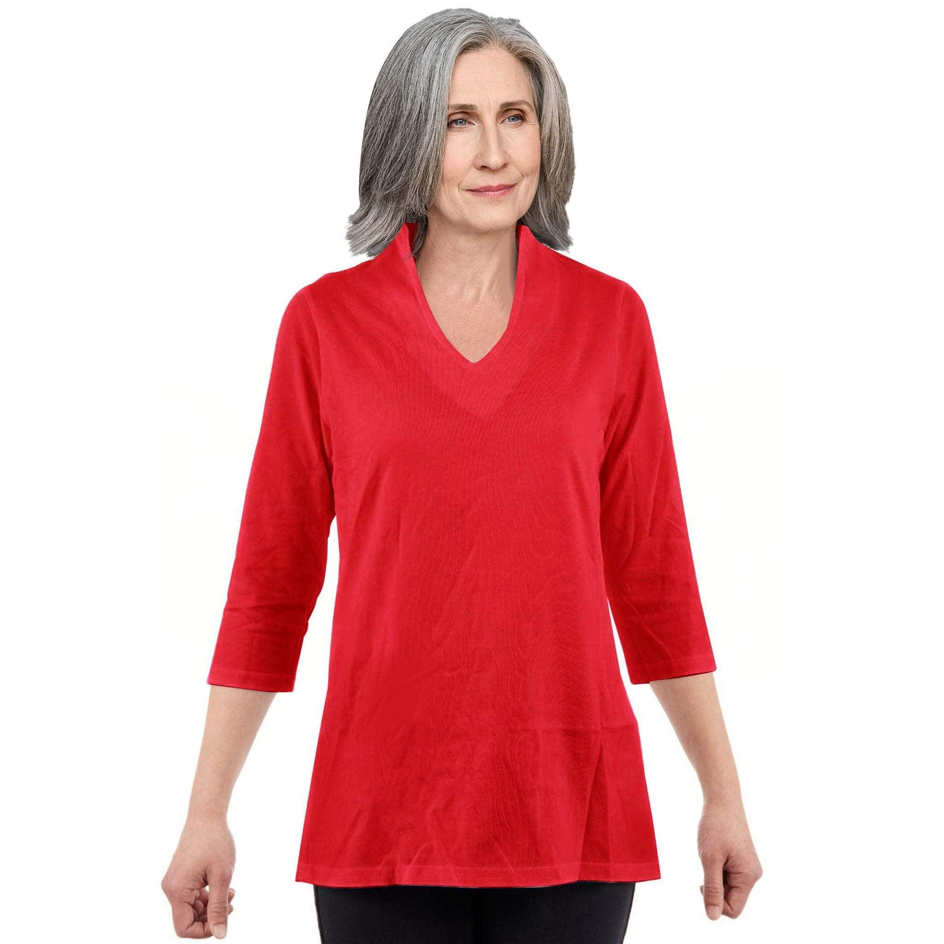 CC Women's Elizabeth 3/4 Sleeve V-Neck Top - Red - Caring Clothing